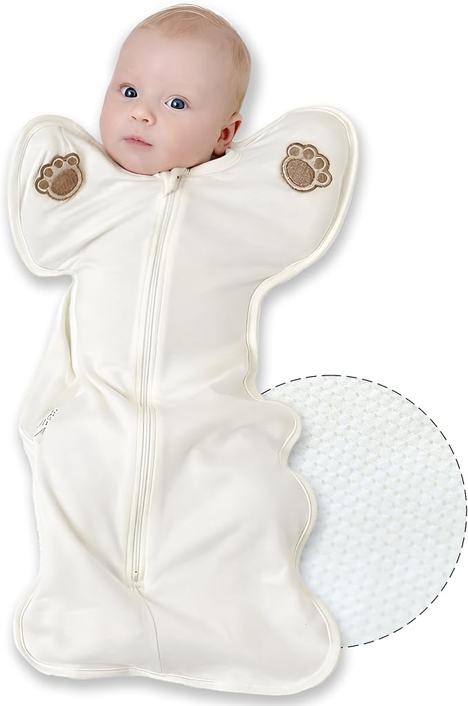 新生児用スワドルスリープスーツ、両腕を上げた姿勢、自然な睡眠反射をサポートするぴったりフィット、0～6ヶ月向け