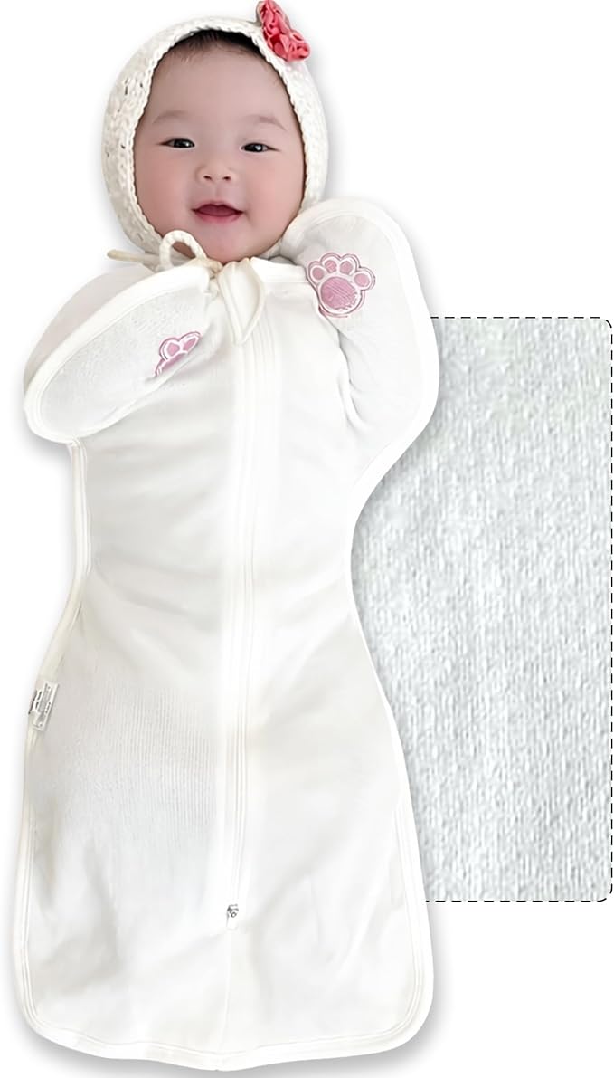 新生児用スワドルスリープスーツ、両腕を上げた姿勢、自然な睡眠反射をサポートするぴったりフィット、0～6ヶ月向け